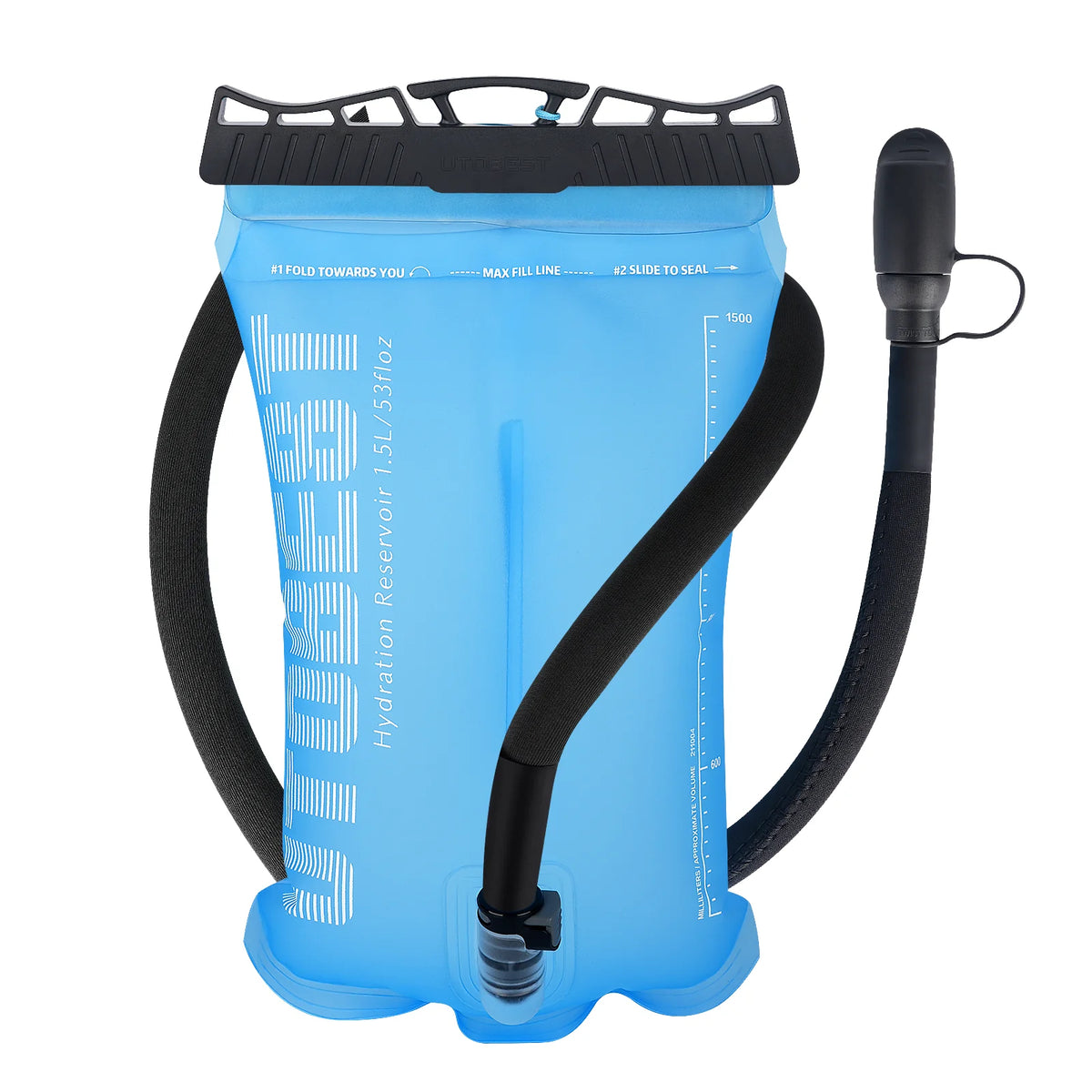 Blue hydration reservoir with black straps and connectors on a white background