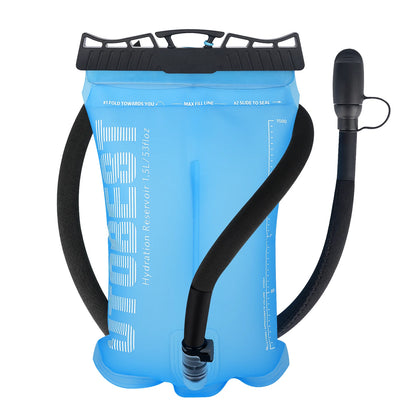 Blue hydration reservoir with black straps and connectors on a white background