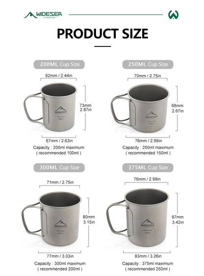 Product size chart for Wideser camping mugs showing four sizes: 200ml, 250ml, 300ml, and 375ml, with dimensions and capacity details for each mug on a white background.