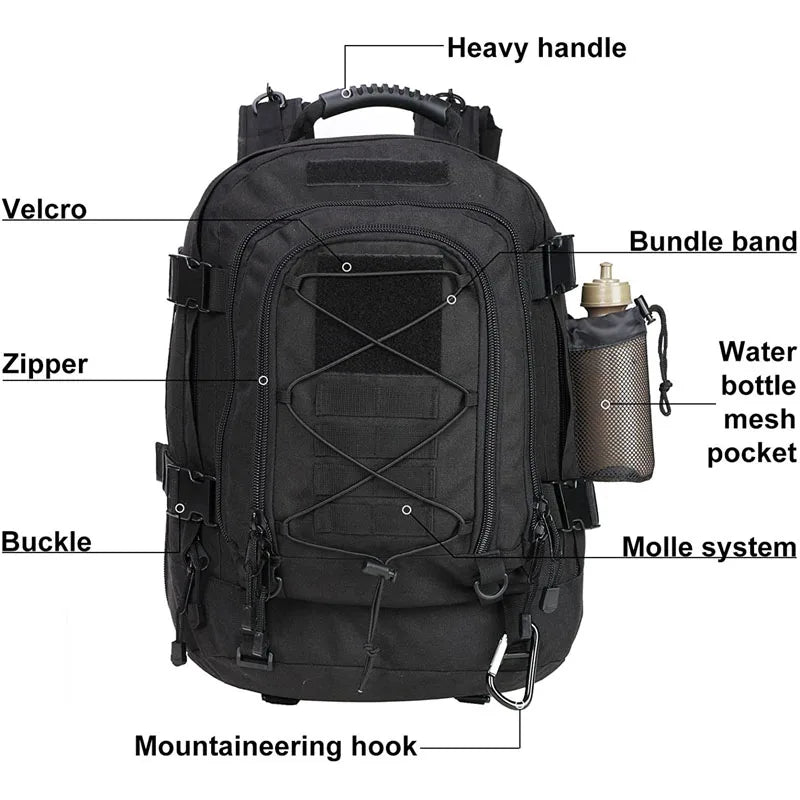 Black backpack with labeled features on a white background