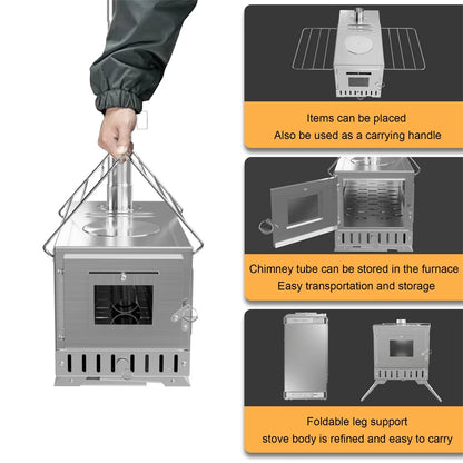 Portable stove with features highlighted on a white background