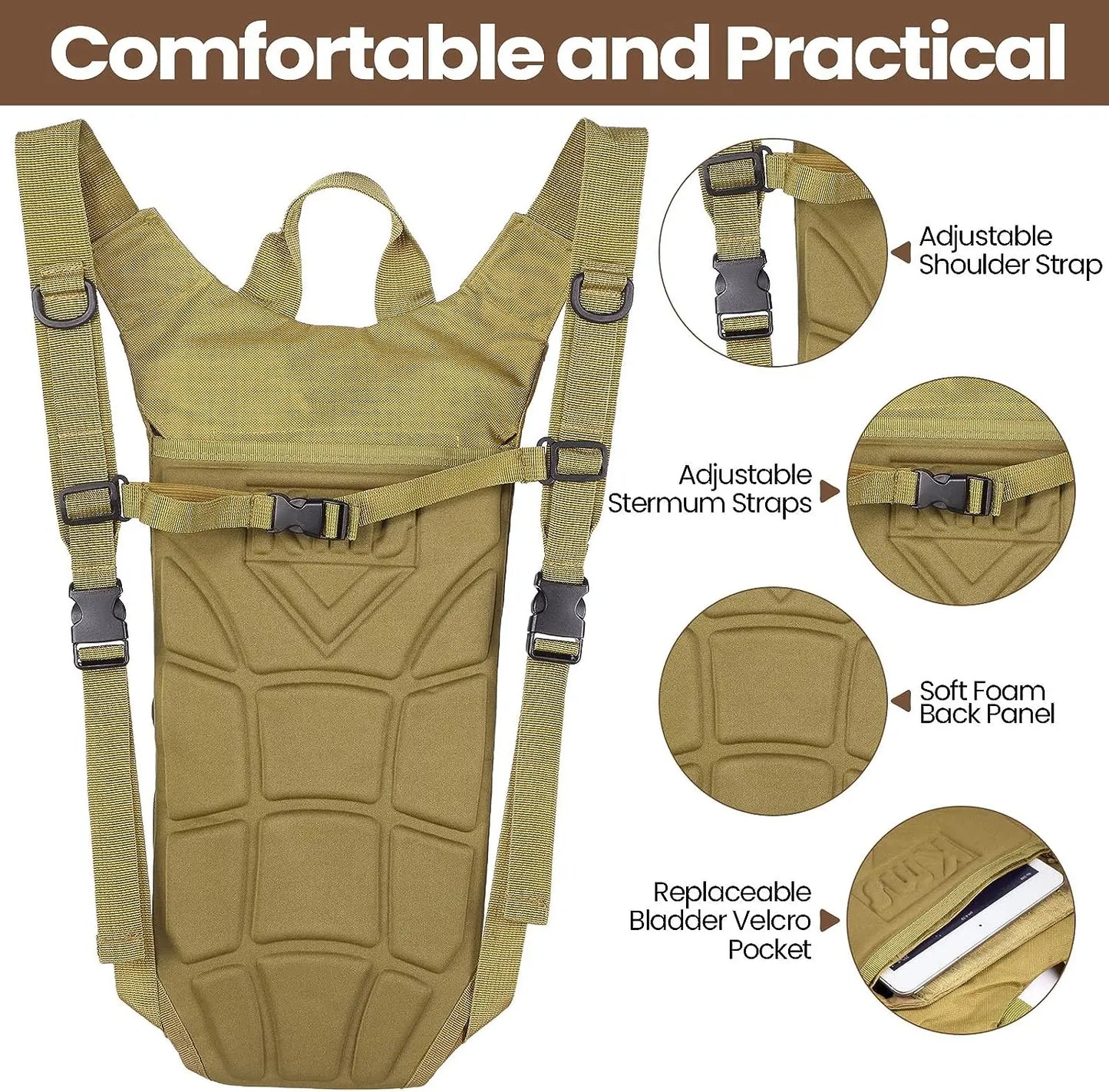 Khaki backpack with adjustable straps and features highlighted on a white background
