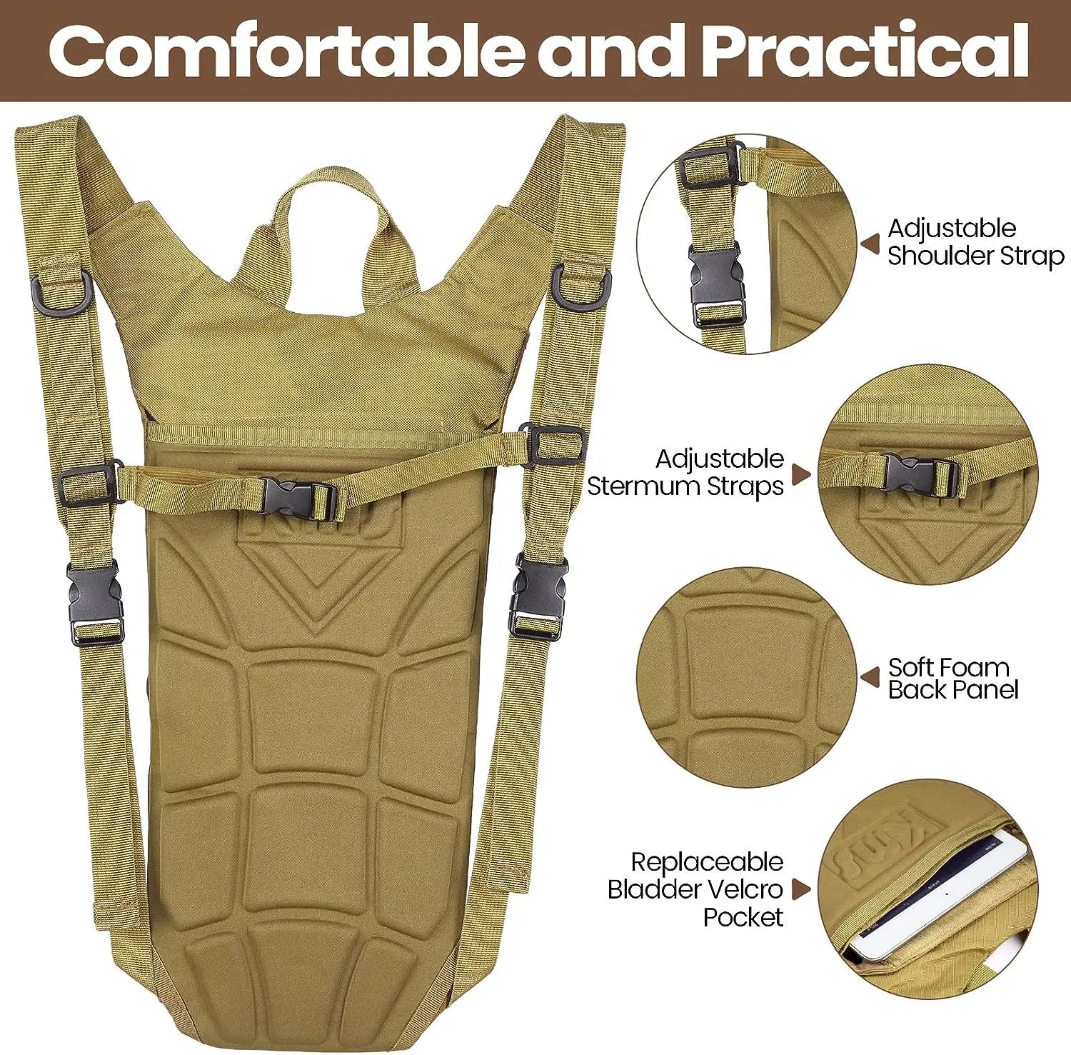Khaki backpack with adjustable straps and features highlighted on a white background
