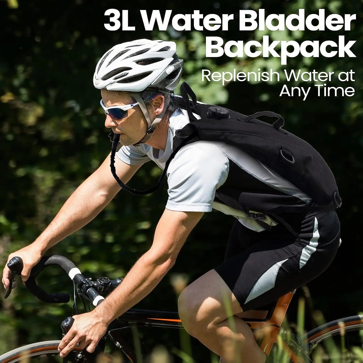 Man cycling with a 3L water bladder backpack in a forest setting