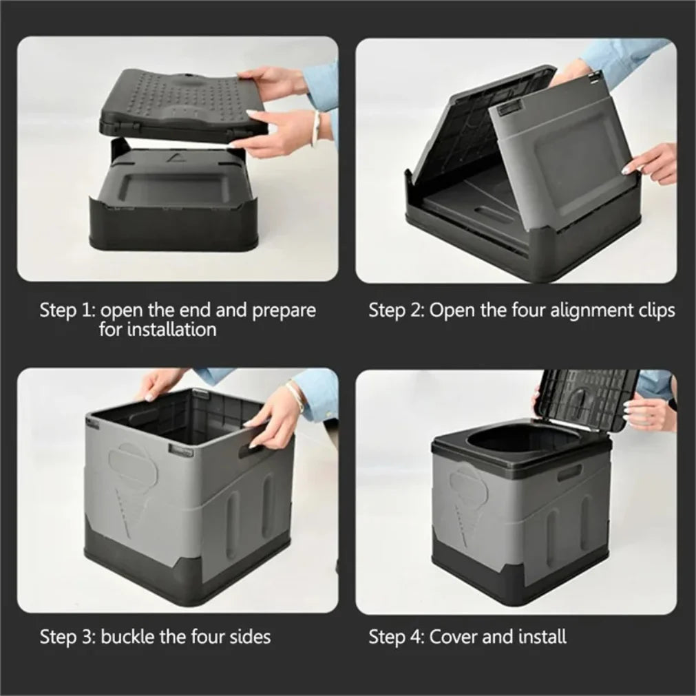 Step-by-step guide on how to open and install a black and gray storage box.
