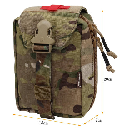 A tactical utility pouch in a multicam camouflage pattern, featuring a front flap with a plastic buckle, a red hook-and-loop tab, and dual zipper compartments. Yellow dimension lines and text indicate measurements of 20cm height, 15cm width, and 7cm depth.