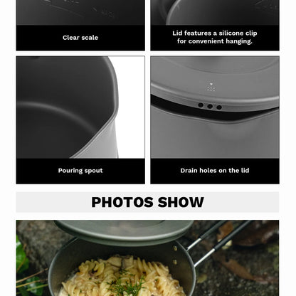 Collage of features and uses of a gray pot with text labels.