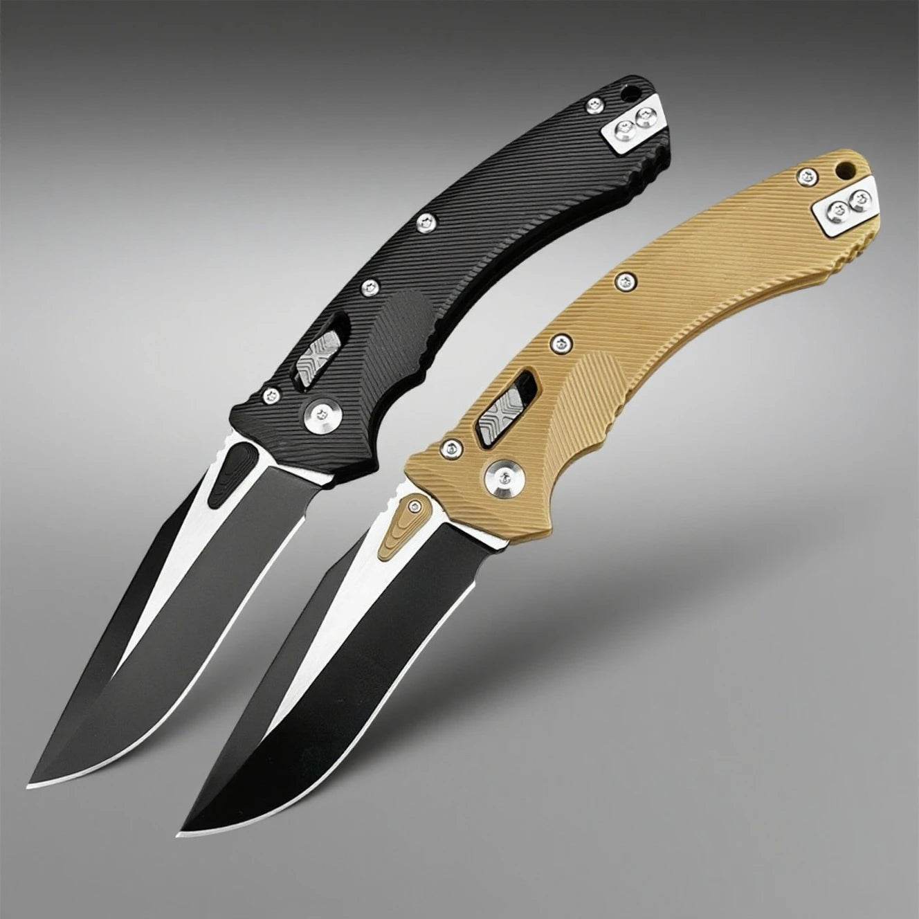 Two folding knives with black and gold handles on a gray background