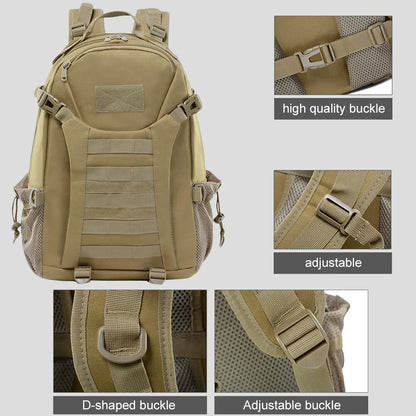 Tan backpack with high-quality buckle and adjustable straps on a light gray background