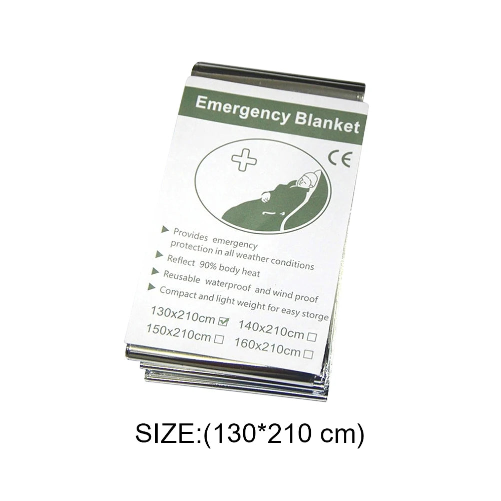 Emergency blanket packaging with size information on a white background