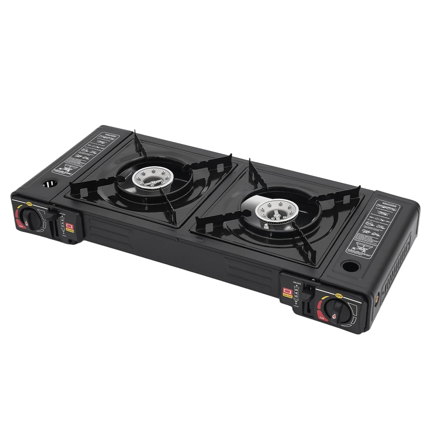 Black double-burner stove on a white background
