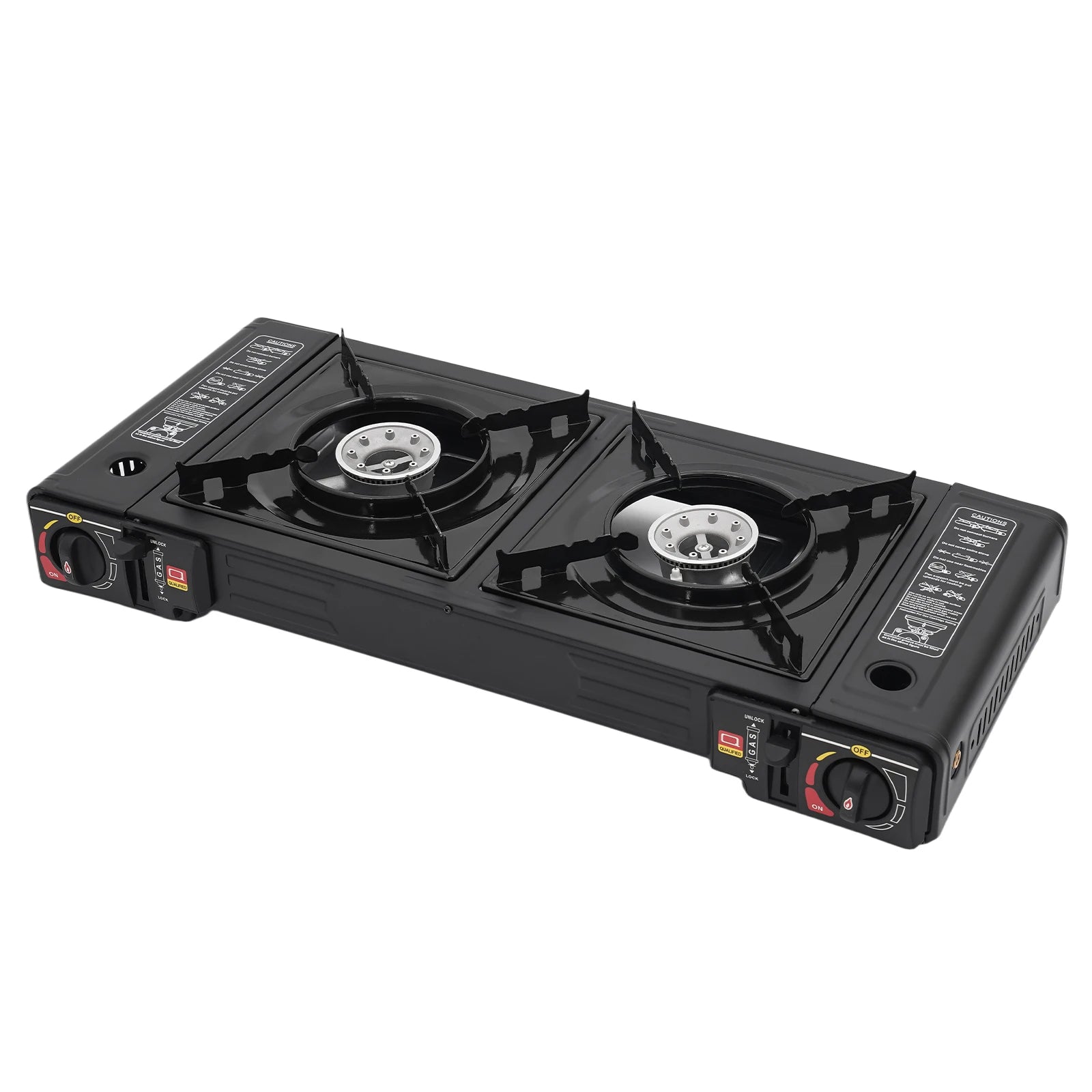 Black double-burner stove on a white background