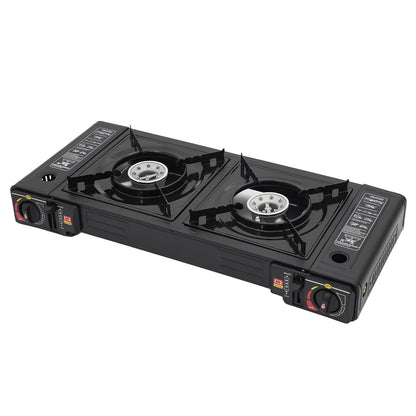 Black double-burner stove on a white background