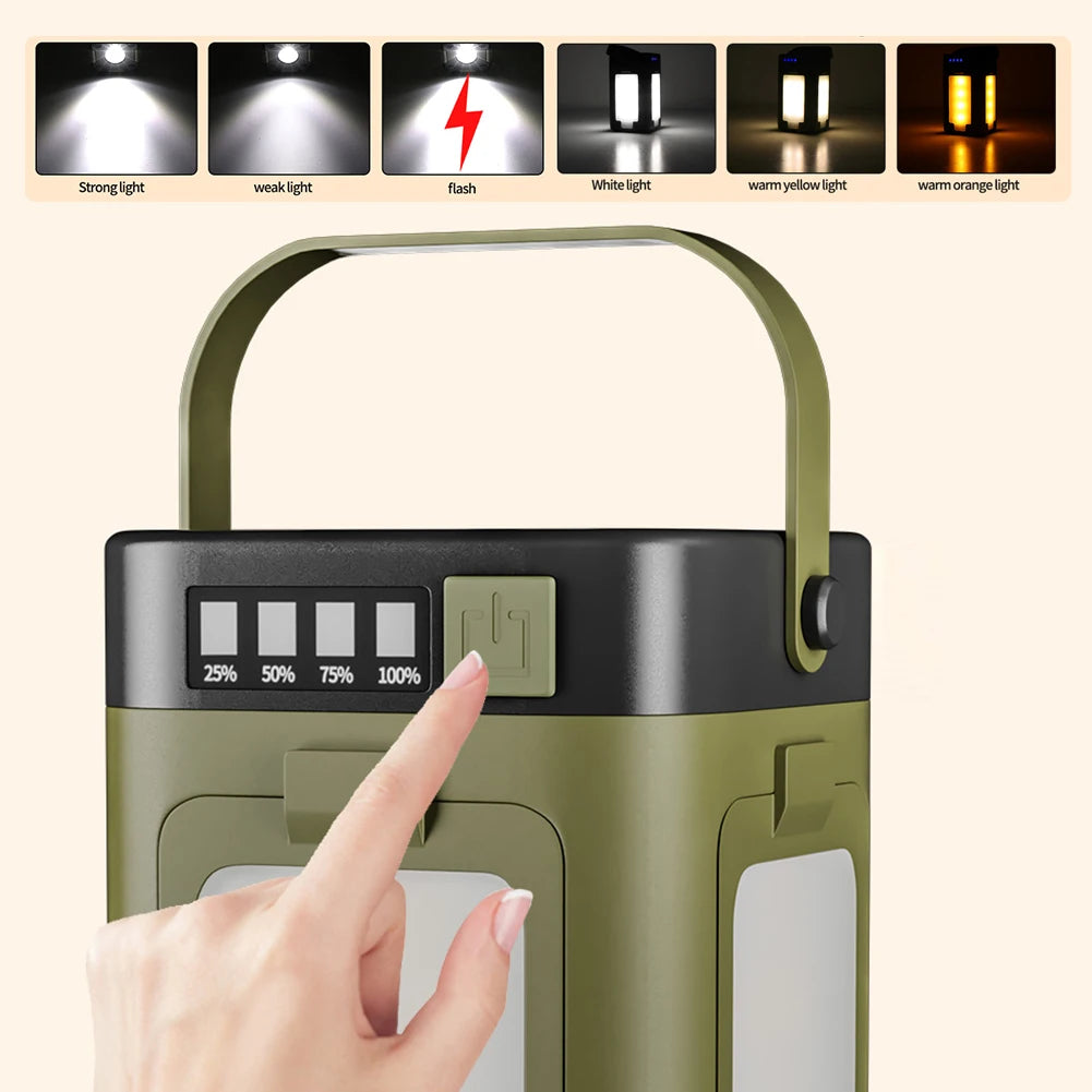 Portable lantern with light mode indicators and a hand pressing a button.