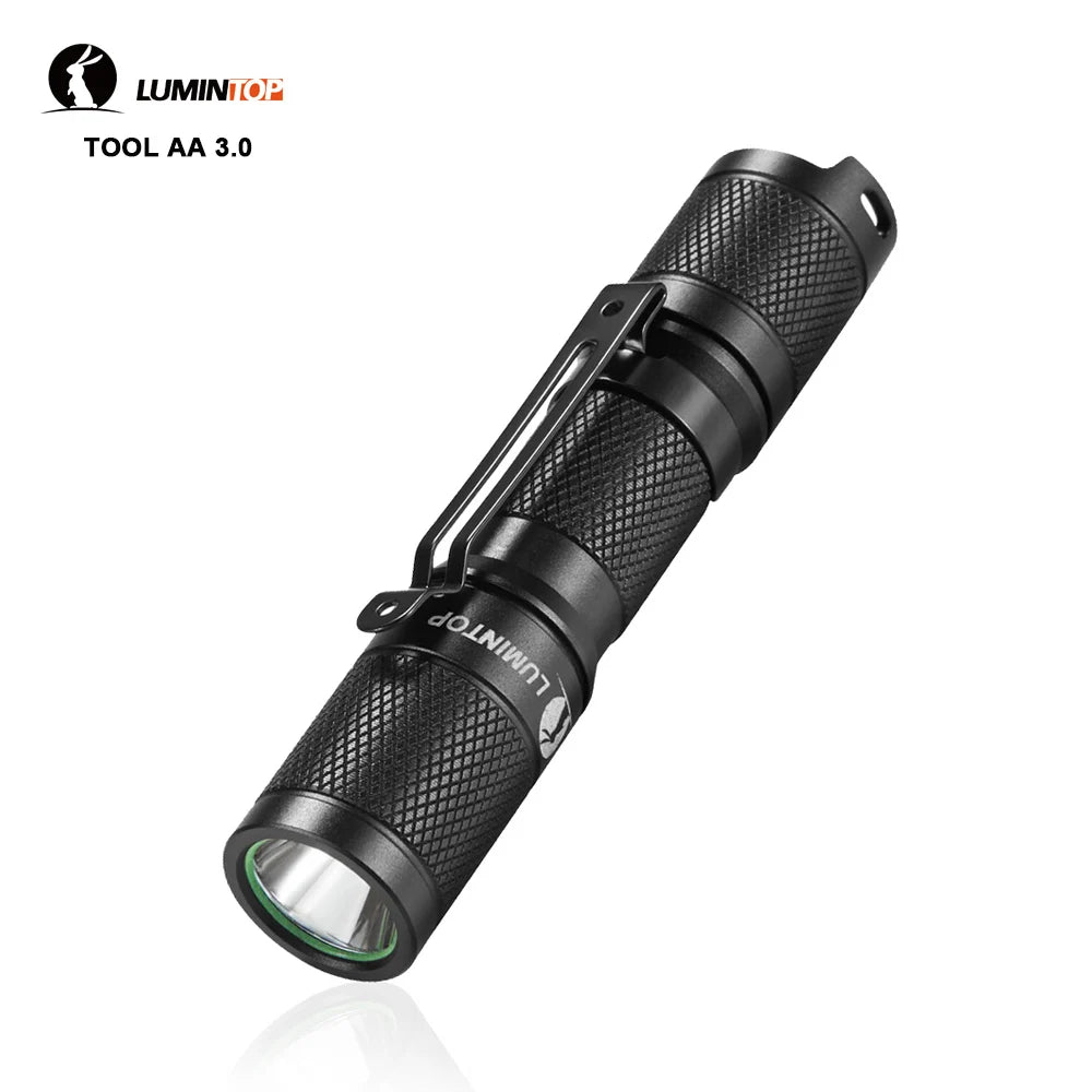 Black flashlight with Luminotop branding on a white background
