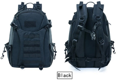 Black tactical backpack shown from two angles on a white background