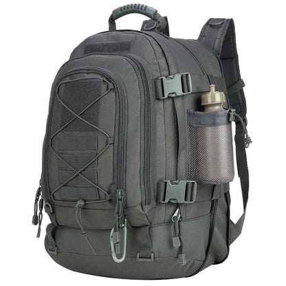 Gray tactical backpack with water bottle holder on a white background