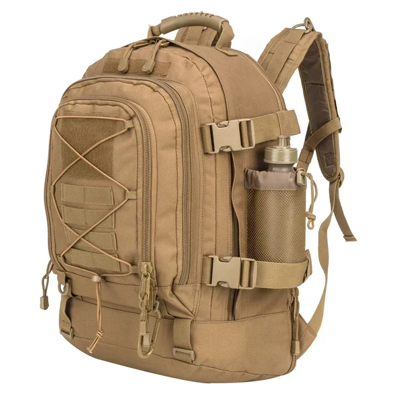 Tan tactical backpack with multiple straps and a water bottle holder on a white background