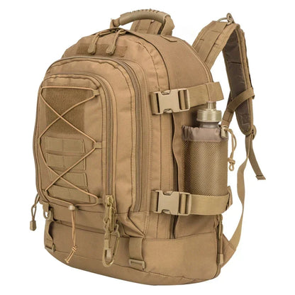 Tan tactical backpack with multiple straps and a water bottle holder on a white background