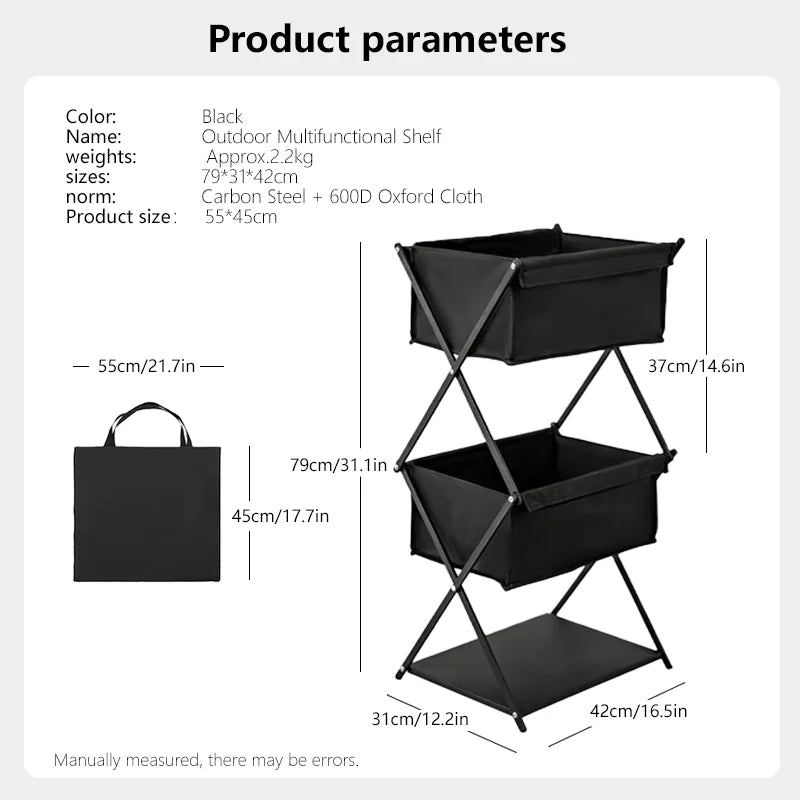 Black outdoor multifunctional shelf with dimensions and product details on a white background