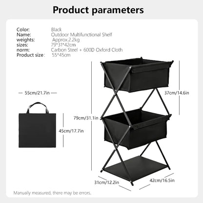 Black outdoor multifunctional shelf with dimensions and product details on a white background
