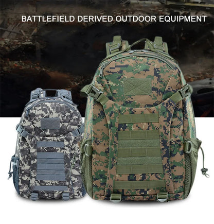 Two camouflage backpacks with 'Battlefield Derived Outdoor Equipment' text above them.