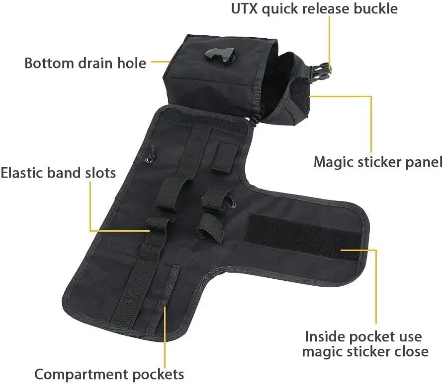 Black tactical holster with labeled features on a white background