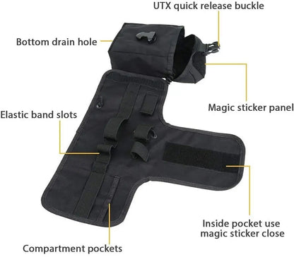 Black tactical holster with labeled features on a white background