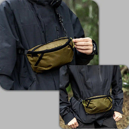 Person wearing a green waist bag with a dark jacket outdoors