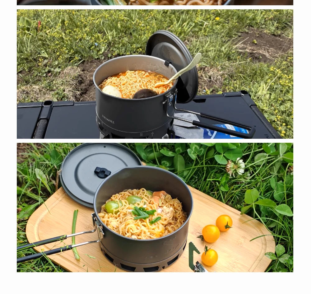 Portable camping stove with a pot of noodles on a grassy outdoor setting