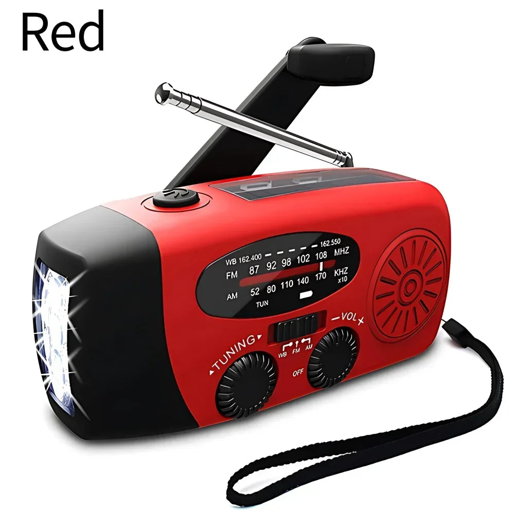 Red and black portable radio with flashlight on a white background