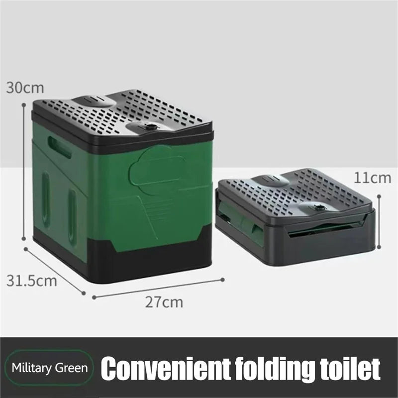 Green and black folding toilet with dimensions on a gray background