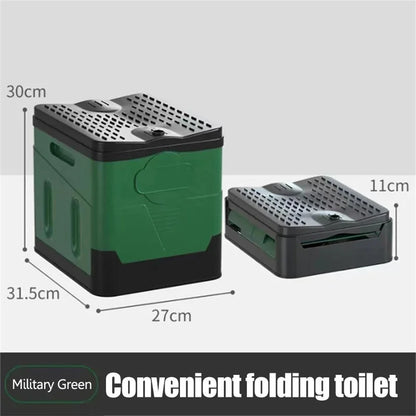 Green and black folding toilet with dimensions on a gray background