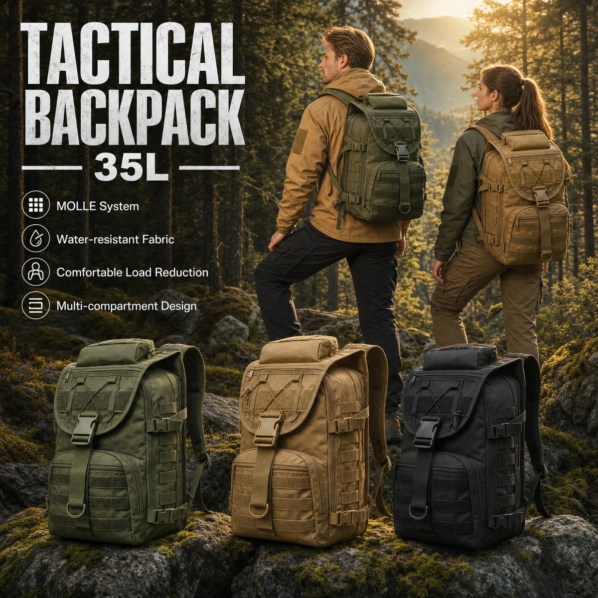 Three tactical backpacks in olive green, tan, and black are displayed on rocks in a forest, with two people wearing the backpacks in the background. Large text on the left reads 'TACTICAL BACKPACK 35L' with feature icons for MOLLE system, water-resistant fabric, comfortable load reduction, and multi-compartment design.