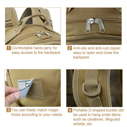 Tan backpack with features highlighted, including hand-carry handle, zipper, magic trick pocket, and D-shaped buckle.