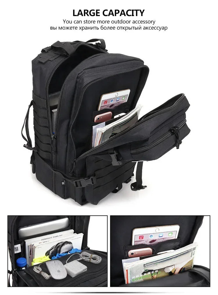 Black backpack with compartments and storage options on a white background