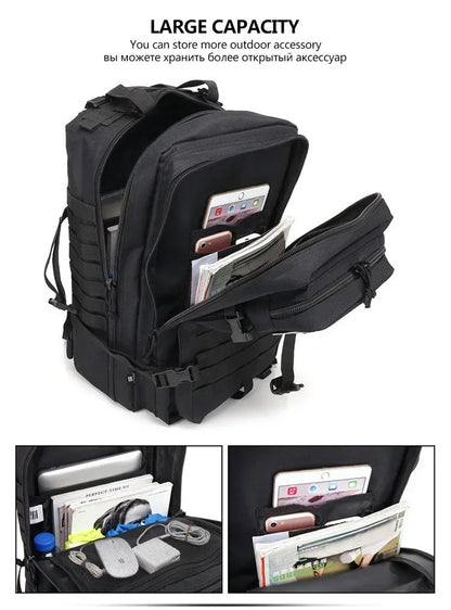 Black backpack with compartments and storage options on a white background