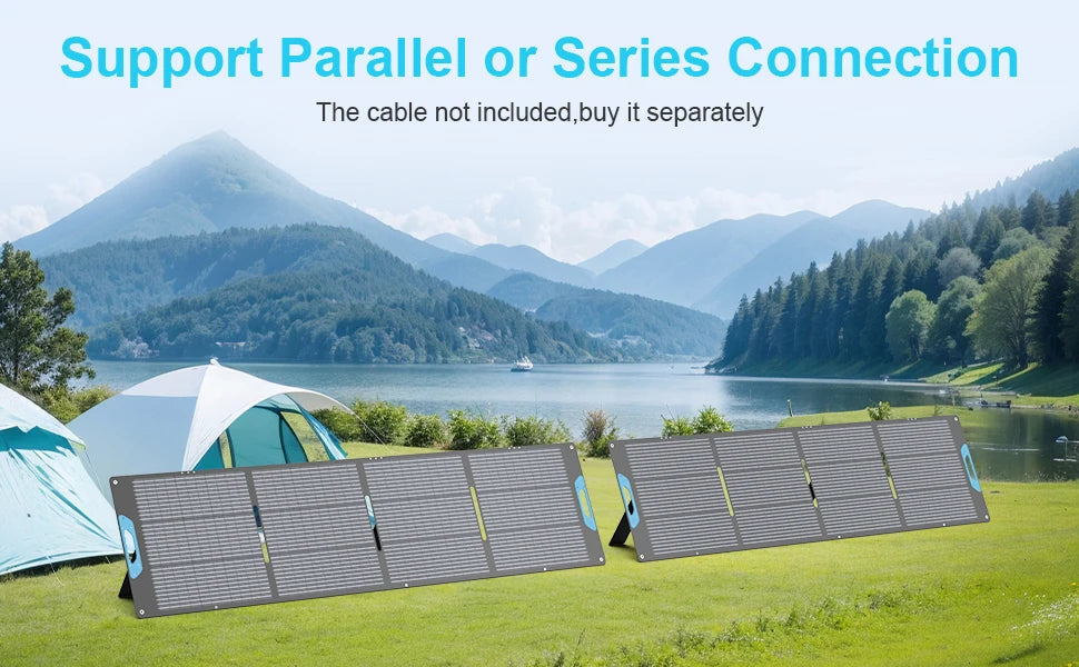 Two portable folding solar panels displayed in an outdoor lakeside camping scene with tents and mountains in the background. Text at the top reads 'Support Parallel or Series Connection' and 'The cable not included,buy it separately'.