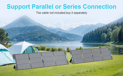Two portable folding solar panels displayed in an outdoor lakeside camping scene with tents and mountains in the background. Text at the top reads 'Support Parallel or Series Connection' and 'The cable not included,buy it separately'.