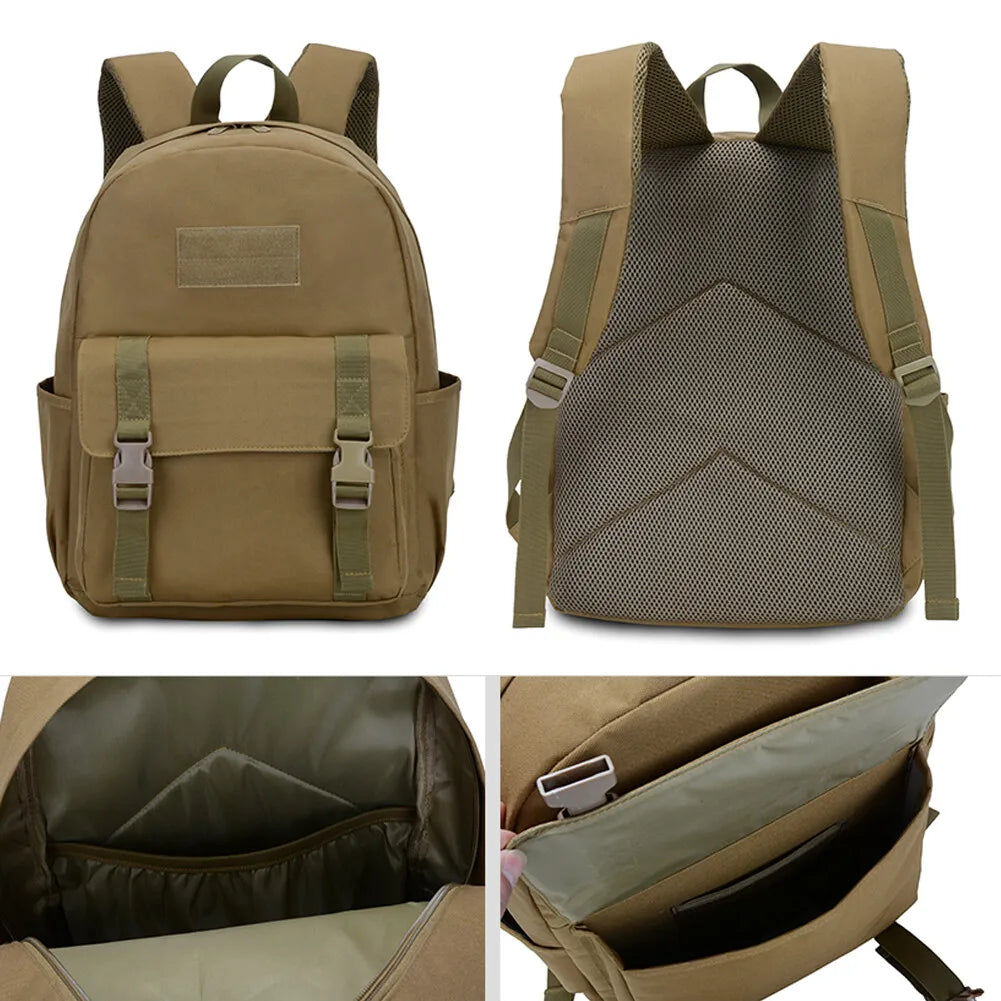 Collage of a tan backpack showing front, back, interior, and open side views on a white background.