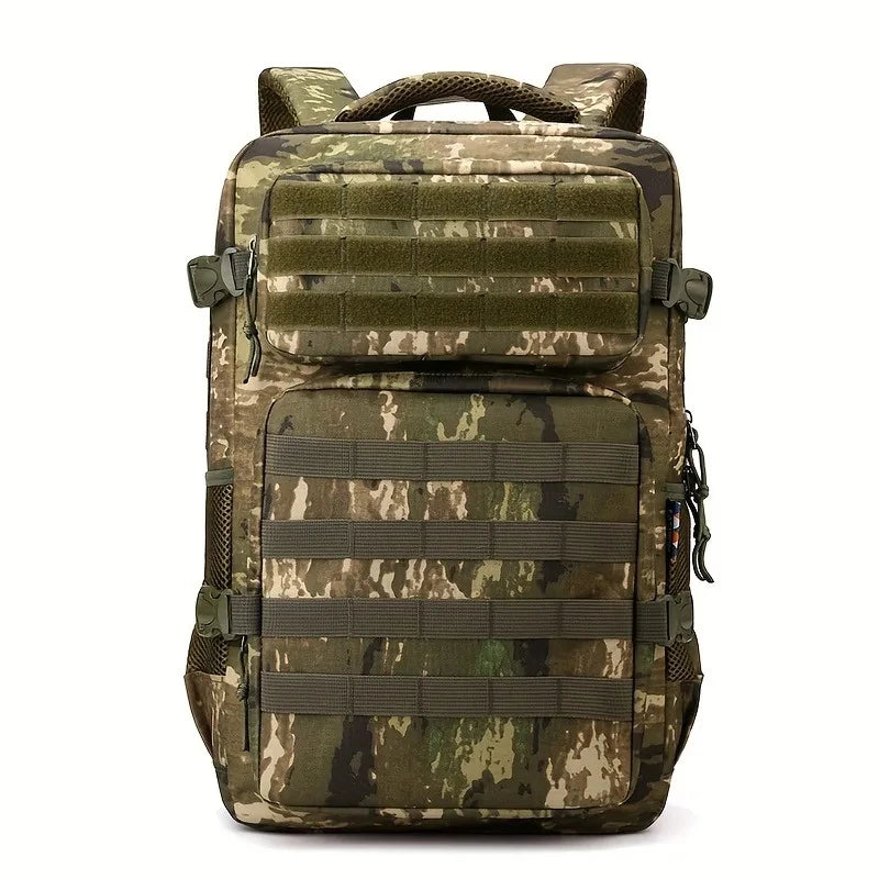 Camouflage backpack with multiple straps on a white background