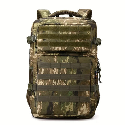 Camouflage backpack with multiple straps on a white background