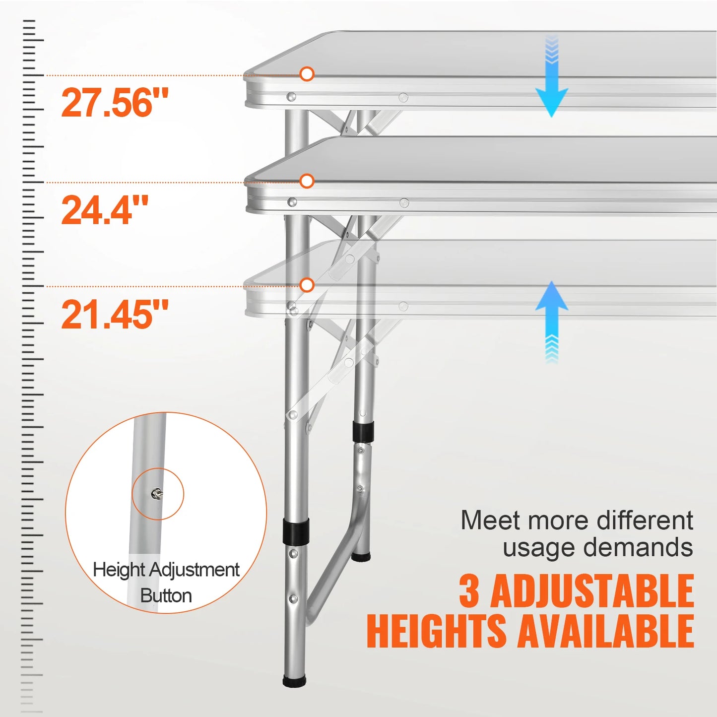 Adjustable height metal table with measurement details on a white background