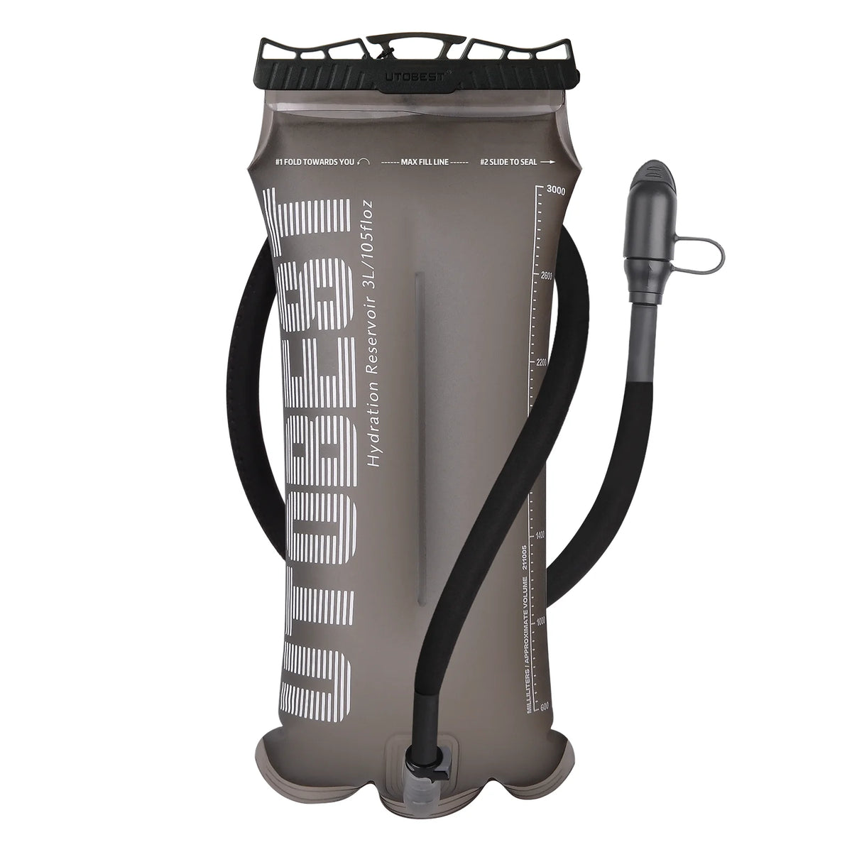 A gray UziBee hydration reservoir with a black carrying strap and a black mouthpiece with a metal clip, shown on a plain white background.