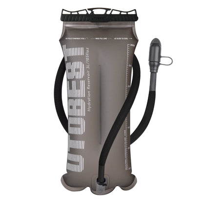 A gray UziBee hydration reservoir with a black carrying strap and a black mouthpiece with a metal clip, shown on a plain white background.