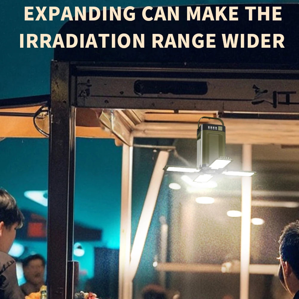 Indoor setting with people and a large light fixture, text about expanding can make irradiation range wider.