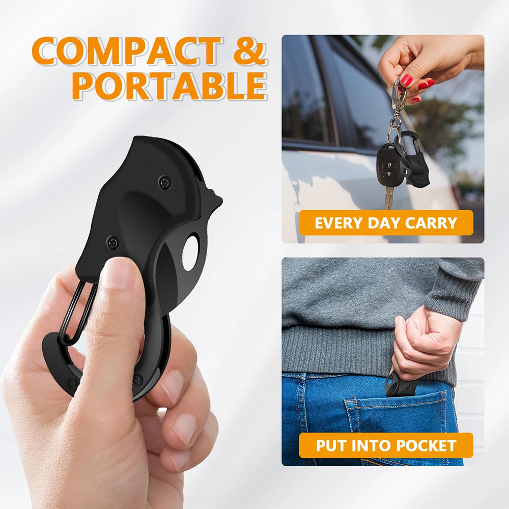 Compact black knife held in a hand with text 'Compact & Portable' and 'Every Day Carry'.