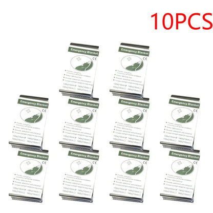 Packaging of 10 emergency blankets with green and white design on a white background.
