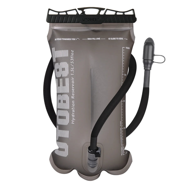 Gray hydration reservoir with black valve and hose on a white background