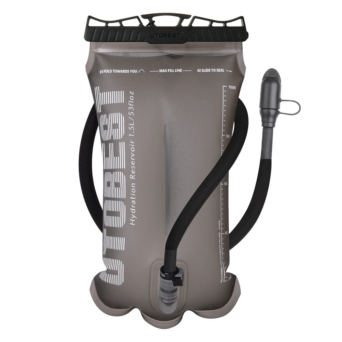 Gray hydration reservoir with black valve and hose on a white background